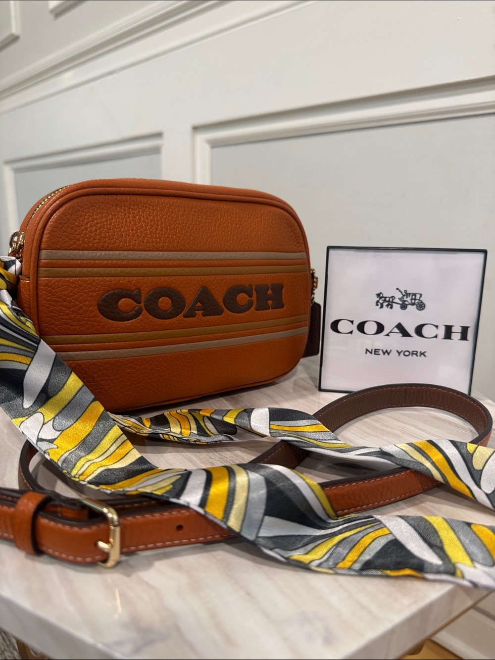 COACH Bag Mini Jamie Orange Brown Leather Camera Crossbody Bag with Scarf